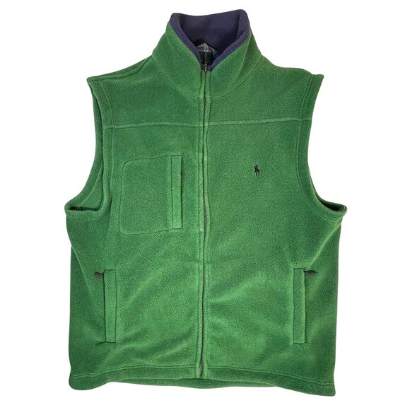 VTG Polo Ralph Lauren Mens L Green Old Money Preppy Fleece Zip Vest Logo Pockets - Picture 1 of 10